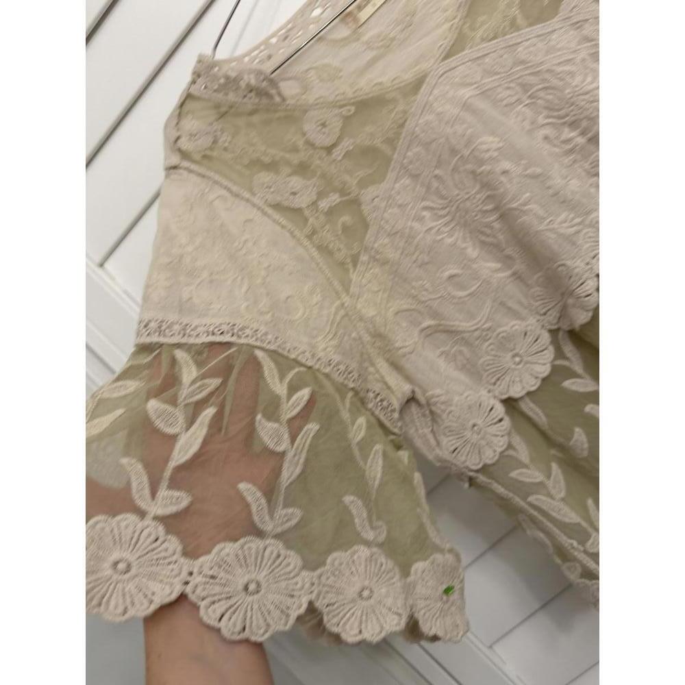 Altar'd State cream and olive green embroidered mesh top size Small - Picture 6 of 9